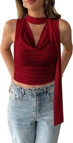 قميص علوي نسائي مثير برقبة على شكل حرف V مع وشاح Y2K عميق على شكل حرف V بدون أكمام in Kuwait