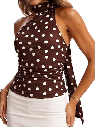 Milumia Women's Y2k Polka Dots Ruched Halter Top Sleeveless Fitted Going Out Tops with Scarf in Saudi Arabia
