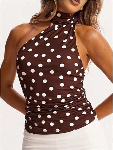 Milumia Women's Y2k Polka Dots Ruched Halter Top Sleeveless Fitted Going Out Tops with Scarf in Saudi Arabia