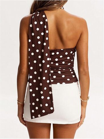 Milumia Women's Y2k Polka Dots Ruched Halter Top Sleeveless Fitted Going Out Tops with Scarf in Saudi Arabia
