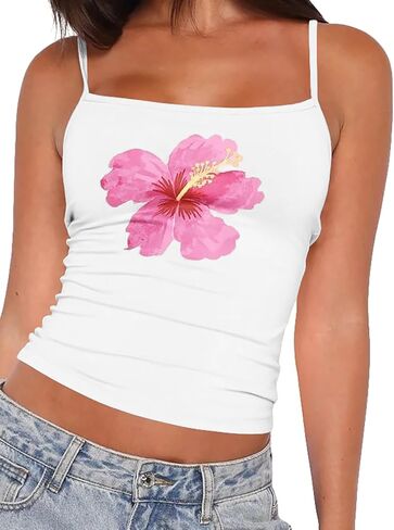 BAIGRAM Women Y2k Floral Graphic Square Neck Crop Tank Tops Fitted Backless Spaghetti Strap Cropped Cami Summer Outfits in Kuwait