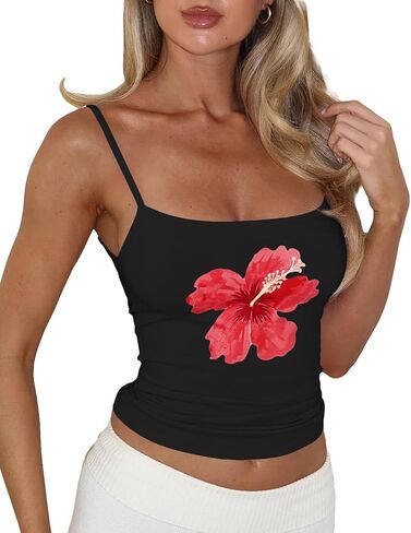 BAIGRAM Women Y2k Floral Graphic Square Neck Crop Tank Tops Fitted Backless Spaghetti Strap Cropped Cami Summer Outfits in Saudi Arabia