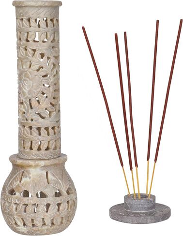 Handmade Stone Incense Stick Holder | Unique King Size Long Tower Burner | Camphore - Tealight - Dhoop Batti - Candles Holder for Yoga, Meditation and Home Decor. (Floral) in Kuwait
