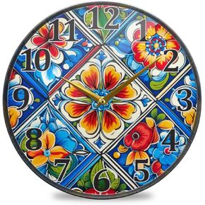 ساعة حائط من بلاط السيراميك المكسيكي 1 - ساعة حائط دائرية صامتة غير موقوتة، ساعات إبداعية حديثة تعمل بالبطارية لغرفة المعيشة والمطبخ والمنزل والمكتب 12 بوصة in Kuwait