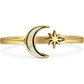 OMRANII Minimalist 8mm Lab Created Opal Star & Moon Ring Oxidized Vintage Style Nature Inspired Adjustable Statement Rings For Women 925 Sterling Silver Gift For Her in Kuwait