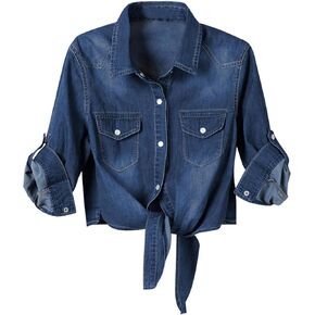 Women's Denim Button Down Jackets 3/4 Sleeve Tie Knot Front Blouse Casual Jean Tops with Pockets in Kuwait