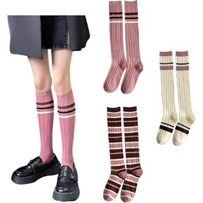 3 أزواج من الجوارب المخططة للركبة ذات الطراز القديم للنساء، جوارب قطنية أكاديمية للملابس الكاجوال والرياضة in Kuwait