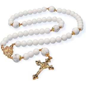 مسبحة كاثوليكية مع خرز من الأحجار الكريمة من الرخام الأبيض الطبيعي، وصليب نحاسي ذهبي أنيق وخرز صلاة كاثوليكية in Kuwait