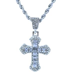 Crystal Cross Pendant Necklace, Pink Zircon Stones, Silver Chain, 24 Inches in Kuwait
