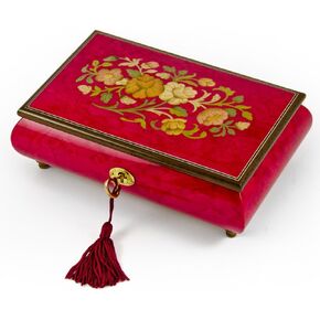 Radiant 18 Note Italian Red Wine Floral Inlay Musical Jewelry Box with Lock and Key - Many Songs to Choose - Music Box Dancer in Kuwait