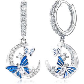 تشيكوسلوفاكيا القمر والفراشة أقراط للنساء S925 الفضة الاسترليني المينا الأزرق فراشة الحيوان استرخى هوب أقراط القمر مجوهرات عيد ميلاد الذكرى السنوية عيد الحب هدايا للزوجة صديقة أمي in Kuwait