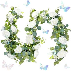 بيوتي 2 قطعة إكليل الأوكالبتوس الاصطناعي بطول 13 قدم مع الزهور - 6 أكاليل زهور وردية مزيفة من كرمة الزهور الخضراء مع فراشة ثلاثية الأبعاد لحفلات الزفاف وخلفية مركزية لديكور المنزل (مع الضوء) in Kuwait