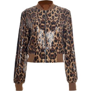 Womens Sequin Cheetah Print Bomber Jacket Leopard Cropped Jackets Outerwear in Kuwait