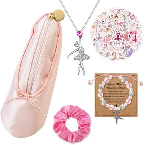 Y1tvei Ballerina Shoe Makeup Bag Set - 66Pcs Ballet Dancing Girls Satin Cosmetic Pouch Dance Stickers Sparkly Pink Ballerina Bracelet Necklace with Card Hairband, Ballet Dancer Gifts for Dance Recital in Kuwait