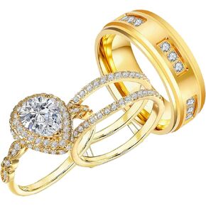 1CT CZ Wedding Ring Set for Women & Men Yellow Gold Plated Bridal Couple Rings Tungsten Ring Wedding Band in Kuwait
