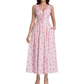 GLNEGE Womens Corset Wedding Guest Midi Dress Summer Floral Tea Party Flowy Dress V Neck Milkmaid Sundress with Pockets 2026 in Kuwait