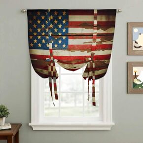 Vintage American Flag Tie Up Curtains for Window, Country Stars Stripes Wood US Flag Thermal Insulated Balloon Shade Adjustable Rod Pocket Curtains Valance Panels for Kitchen Bathroom Café 42'' x 63'' in Saudi Arabia
