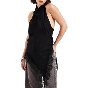 Women Y2k Halter Neck Top Satin Silk Lace Trim Tank Top Asymmetric Hem Sleeveless Backless Crop Top in Kuwait