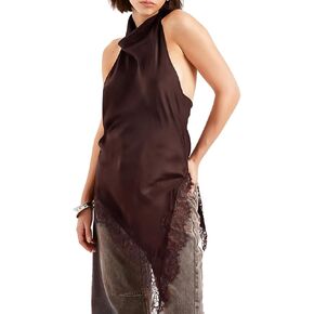 المرأة Y2k الرسن الرقبة الأعلى الحرير الساتان الدانتيل تقليم تانك الأعلى غير المتماثلة هيم بلا أكمام عارية الذراعين المحاصيل الأعلى in Kuwait