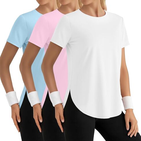 3 Pack Women's Short Sleeve Workout Shirts Ice Silk Loose Fit T-Shirts Athletic Quick Dry with Side Slits Tops in Kuwait