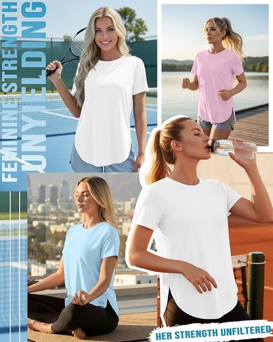 3 Pack Women's Short Sleeve Workout Shirts Ice Silk Loose Fit T-Shirts Athletic Quick Dry with Side Slits Tops in Saudi Arabia