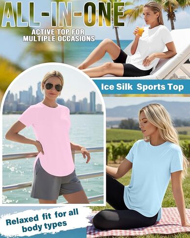 3 Pack Women's Short Sleeve Workout Shirts Ice Silk Loose Fit T-Shirts Athletic Quick Dry with Side Slits Tops in Saudi Arabia