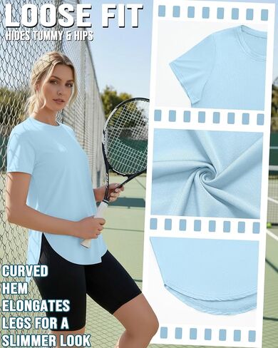 3 Pack Women's Short Sleeve Workout Shirts Ice Silk Loose Fit T-Shirts Athletic Quick Dry with Side Slits Tops in Saudi Arabia