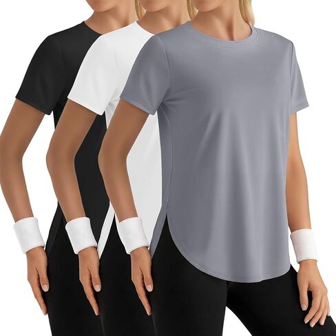 3 Pack Women's Short Sleeve Workout Shirts Ice Silk Loose Fit T-Shirts Athletic Quick Dry with Side Slits Tops in Saudi Arabia