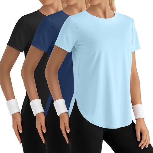 3 Pack Women's Short Sleeve Workout Shirts Ice Silk Loose Fit T-Shirts Athletic Quick Dry with Side Slits Tops in Saudi Arabia