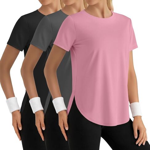 3 Pack Women's Short Sleeve Workout Shirts Ice Silk Loose Fit T-Shirts Athletic Quick Dry with Side Slits Tops in Saudi Arabia