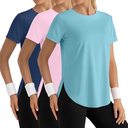 3 Pack Women's Short Sleeve Workout Shirts Ice Silk Loose Fit T-Shirts Athletic Quick Dry with Side Slits Tops in Saudi Arabia