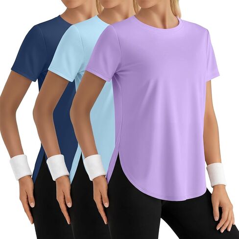 3 Pack Women's Short Sleeve Workout Shirts Ice Silk Loose Fit T-Shirts Athletic Quick Dry with Side Slits Tops in Saudi Arabia