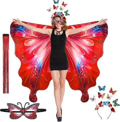 Double-Sided Printing Fairy Butterfly Wing Shawl for Women Headband Mask Set Cosplay Halloween Costume Photo Prop in Saudi Arabia