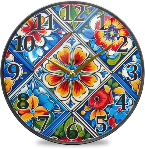 ساعة حائط من بلاط السيراميك المكسيكي 1 - ساعة حائط دائرية صامتة غير موقوتة، ساعات إبداعية حديثة تعمل بالبطارية لغرفة المعيشة والمطبخ والمنزل والمكتب 12 بوصة in Kuwait