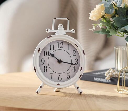 Vintage Table Clock with Handle, Shelf Desk Top Clock Battery Operated Rustic Design, Chic Home Decor for Fireplace Mantel, Desktop, Countertop, Distressed White in Saudi Arabia