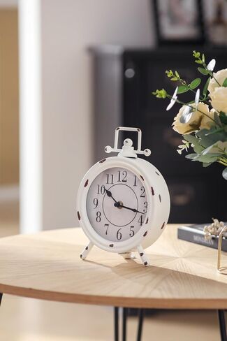 Vintage Table Clock with Handle, Shelf Desk Top Clock Battery Operated Rustic Design, Chic Home Decor for Fireplace Mantel, Desktop, Countertop, Distressed White in Saudi Arabia