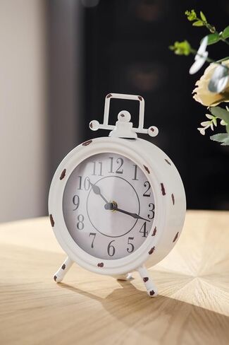 Vintage Table Clock with Handle, Shelf Desk Top Clock Battery Operated Rustic Design, Chic Home Decor for Fireplace Mantel, Desktop, Countertop, Distressed White in Saudi Arabia