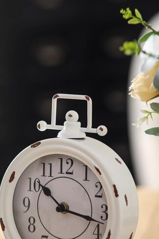 Vintage Table Clock with Handle, Shelf Desk Top Clock Battery Operated Rustic Design, Chic Home Decor for Fireplace Mantel, Desktop, Countertop, Distressed White in Saudi Arabia