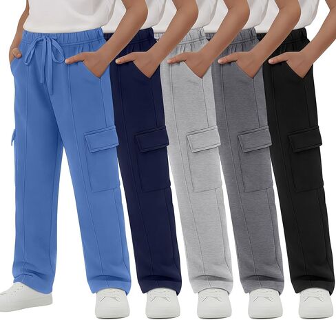 5 Pack Boys' Cargo Sweatpants Straight Leg Joggers Open Bottom Baggy Pants with Multi Pockets for Years 6-16 in Kuwait