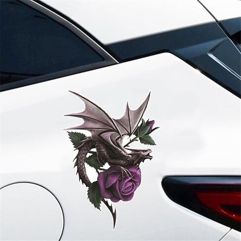 قطعتان من ملصقات الفينيل على شكل تنين وزهرة أرجوانية - ملصقات مقاومة للماء قابلة للإزالة للسيارة والدراجات النارية والشاحنات - ملصق تزيين زهور خيالي للكمبيوتر المحمول (A-198) in Kuwait