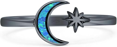 OMRANII Minimalist 8mm Lab Created Opal Star & Moon Ring Oxidized Vintage Style Nature Inspired Adjustable Statement Rings For Women 925 Sterling Silver Gift For Her in Saudi Arabia