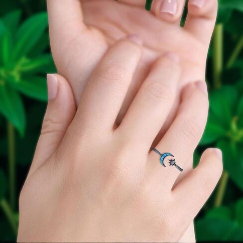 OMRANII Minimalist 8mm Lab Created Opal Star & Moon Ring Oxidized Vintage Style Nature Inspired Adjustable Statement Rings For Women 925 Sterling Silver Gift For Her in Saudi Arabia