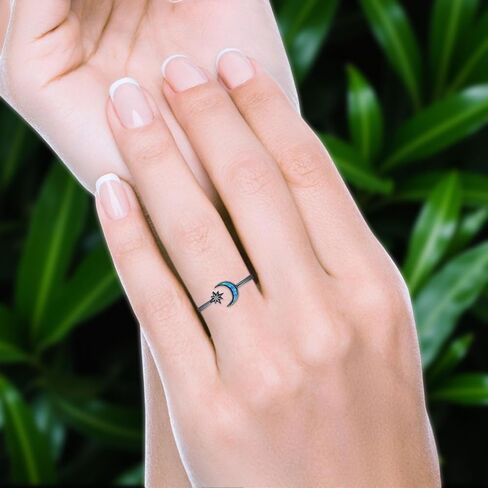 OMRANII Minimalist 8mm Lab Created Opal Star & Moon Ring Oxidized Vintage Style Nature Inspired Adjustable Statement Rings For Women 925 Sterling Silver Gift For Her in Saudi Arabia