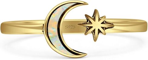 OMRANII Minimalist 8mm Lab Created Opal Star & Moon Ring Oxidized Vintage Style Nature Inspired Adjustable Statement Rings For Women 925 Sterling Silver Gift For Her in Kuwait