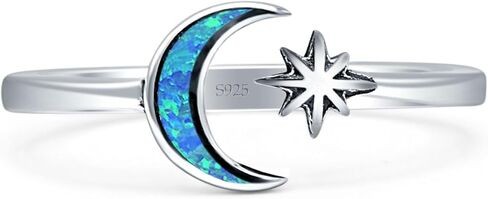 OMRANII Minimalist 8mm Lab Created Opal Star & Moon Ring Oxidized Vintage Style Nature Inspired Adjustable Statement Rings For Women 925 Sterling Silver Gift For Her in Saudi Arabia