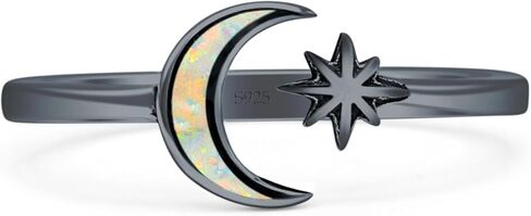 OMRANII Minimalist 8mm Lab Created Opal Star & Moon Ring Oxidized Vintage Style Nature Inspired Adjustable Statement Rings For Women 925 Sterling Silver Gift For Her in Saudi Arabia