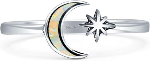 OMRANII Minimalist 8mm Lab Created Opal Star & Moon Ring Oxidized Vintage Style Nature Inspired Adjustable Statement Rings For Women 925 Sterling Silver Gift For Her in Saudi Arabia