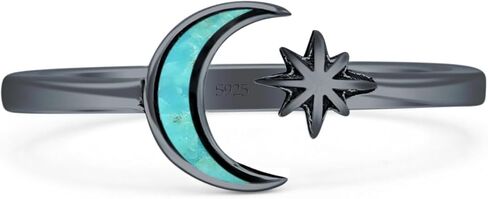 OMRANII Minimalist 8mm Lab Created Opal Star & Moon Ring Oxidized Vintage Style Nature Inspired Adjustable Statement Rings For Women 925 Sterling Silver Gift For Her in Saudi Arabia