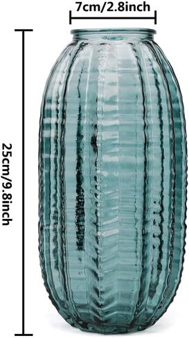 Unique Cylinder Shaped Green Glass Flower Vase-9.8 inch Tall,Simple Striped Design for Home Decor,Centerpieces, Wedding, Dining Table, Arrangement. in Saudi Arabia