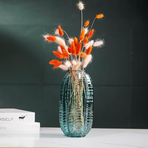 Unique Cylinder Shaped Green Glass Flower Vase-9.8 inch Tall,Simple Striped Design for Home Decor,Centerpieces, Wedding, Dining Table, Arrangement. in Saudi Arabia